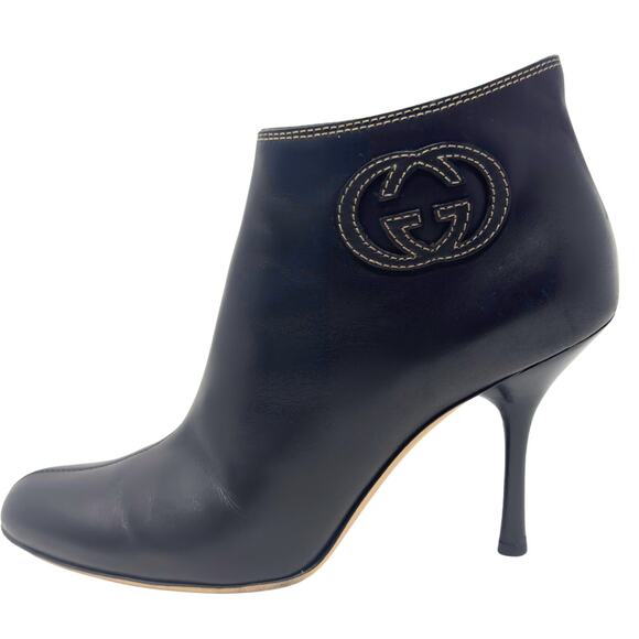 Gucci GG Logo Interlocking Monogram Black Leather High Heels Ankle Boots US 7.5 - Picture 1 of 13